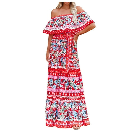 

asdoklhq Maternity Dress Strapless Bandeau Elasticity For Women Summer Printing Tube Tops Casual Sexy Off Shoulder Holiday Dress Beach Dress