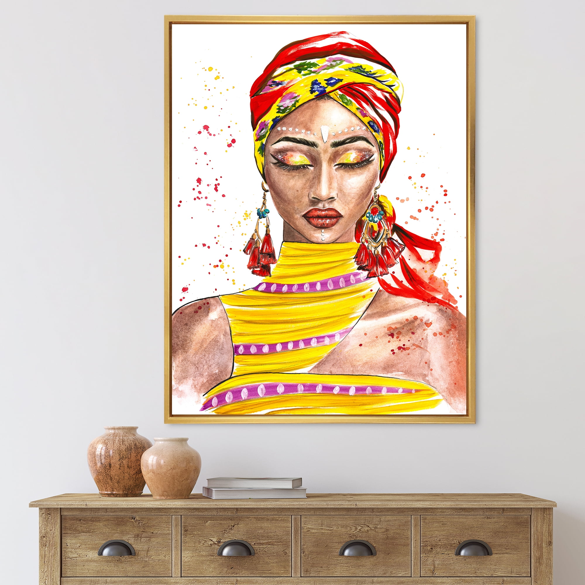 Designart 'Exotic Colorful Portrait of Afro American Woman' Traditional Framed Canvas Wall Art Print