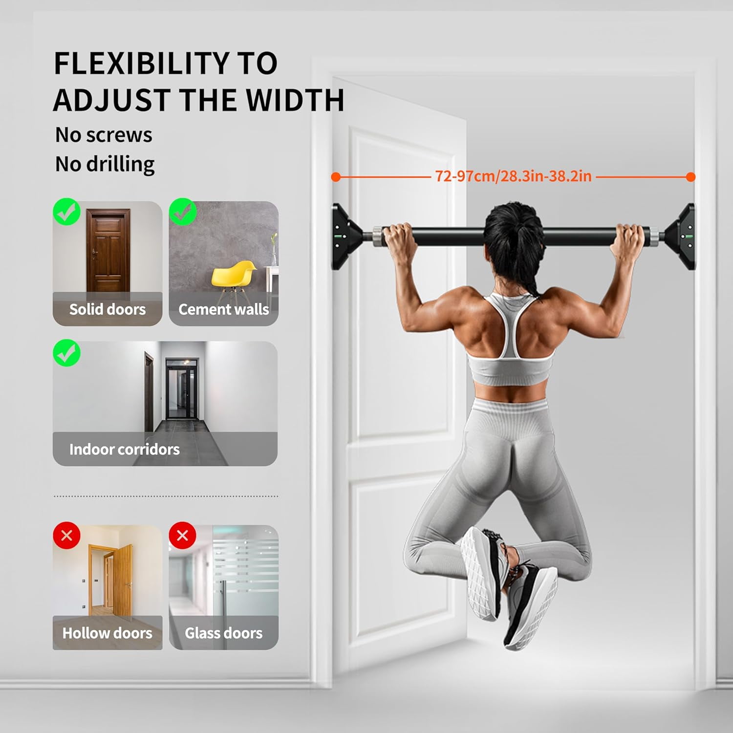 PROIRON Pull Up Bar, No Screw Design, Thick Steel, 440LB Weight Bearing, Length 28.3in-38.2in, Non-Slip