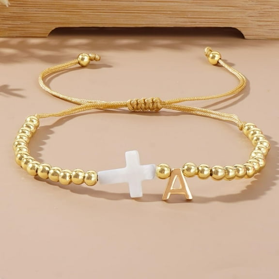 Brass Round Bead Bracelets Leeter Charm Bracelets for Women Men Letter A Gold