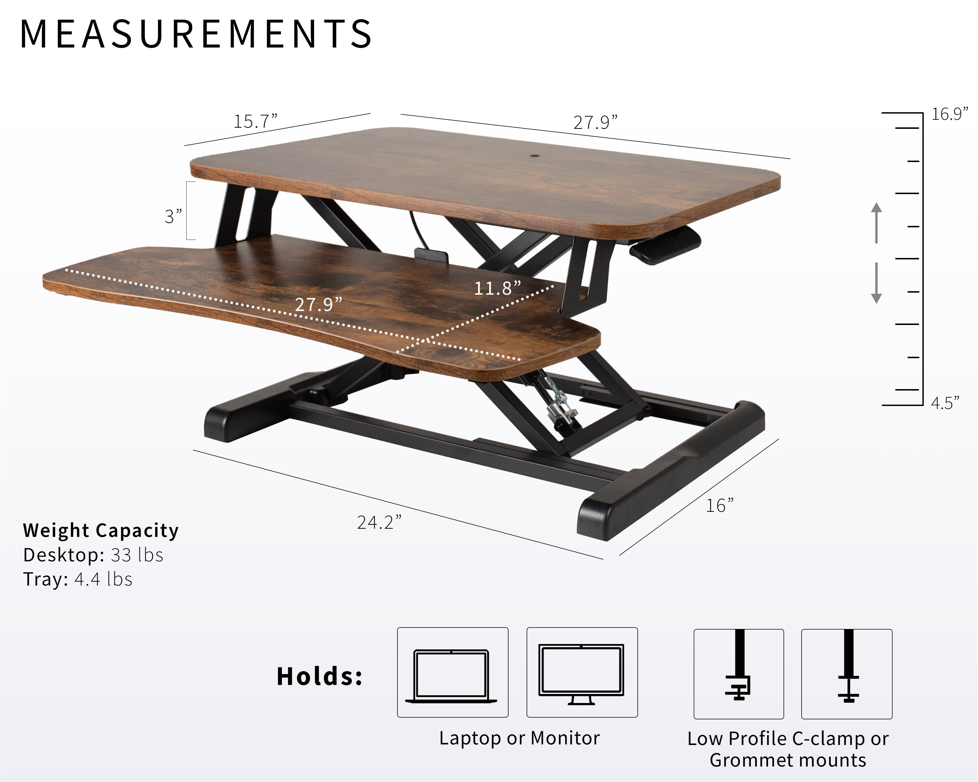 VIVO Vintage Brown Height Adjustable 28" Standing Desk Monitor Riser Tabletop