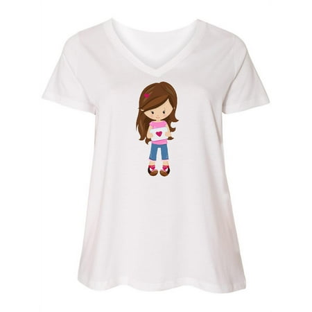 

Inktastic Valentine s Day Girl Brown Hair Girl In Love Women s Plus Size V-Neck