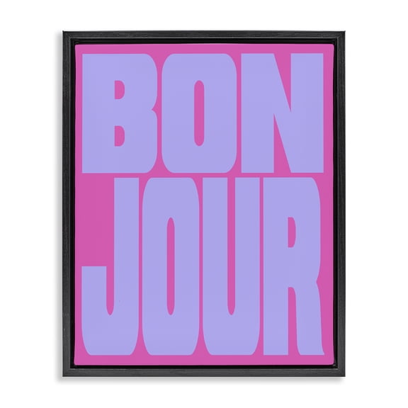 Stupell Industries Bonjour Pink & Blue Quotes and Sayings Painting Black Floater Framed Canvas Art Print Wall Art, 17 x 21