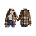 thumbnail image 3 of Women's Plaid Shirt Jacket, Long-Sleeved, Zip-Up Fleece Hooded Coat, Warm Overcoat Khaki Checkered S, 3 of 7