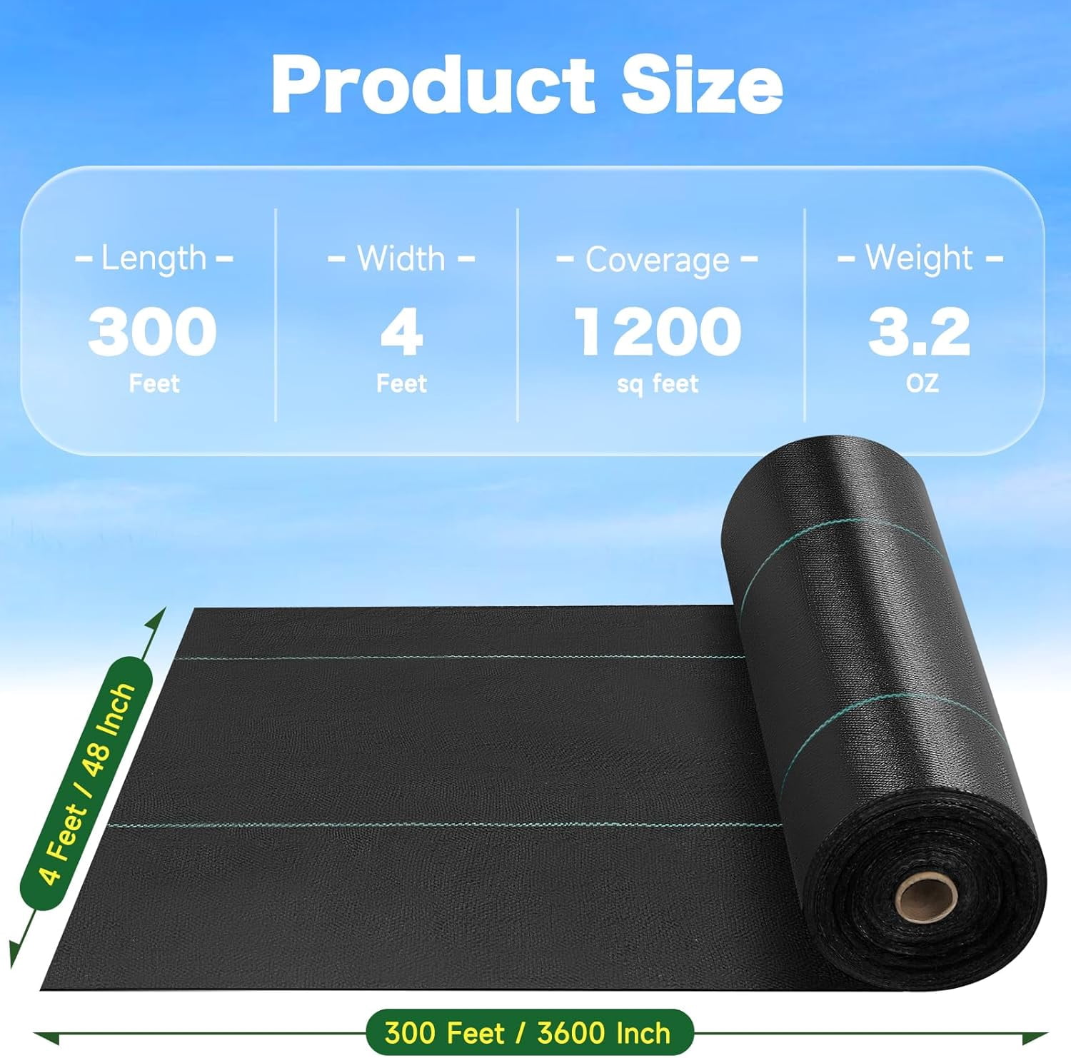 4 FT x 300 FT Weed Barrier Landscape Fabric - 3.2OZ Heavy Duty Weed Blocker Garden Cloth with Permeability, Woven Weed Control Ground Cover for Gravel, Lawn, Flower Bed