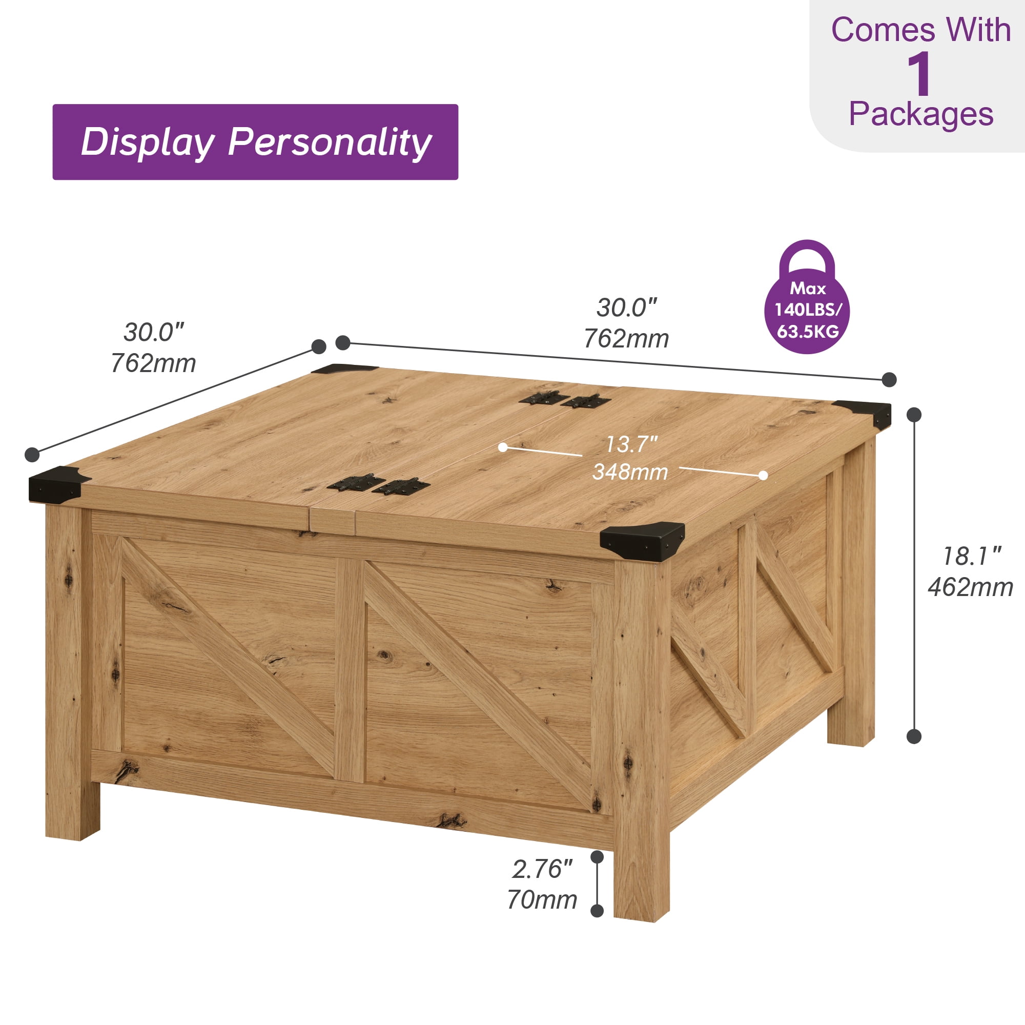 WAMPAT Farmhouse Square Coffee Table with Storage for Living Room,30 inch Z-shaped Wooden Strips Center Table with Flip-Top for Large Hidden Storage, Metal Wrapped Table Corners,Oak Brown
