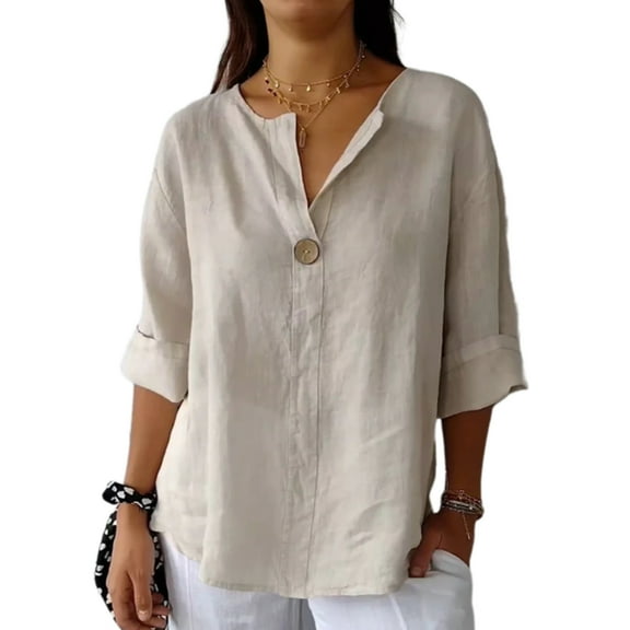 COOLHOOD Womens Tops 3/4 Length Sleeve V neck Casual Tunics Tops Cotton Linen Basic Shirt Loose Fit Blouse