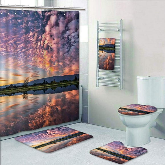 EREHome Clouds Magical Reflection Colored Clouds in Water Mirroring Scenic Weather Activity 5 Piece Bathroom Set Shower Curtain Bath Towel Bath Rug Contour Mat and Toilet Lid Cover