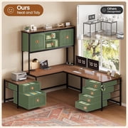 Farmhouse L Shaped Computer Desk with 6 Drawers and Hutch, Reversible Home Office Desk, Corner Office Desk