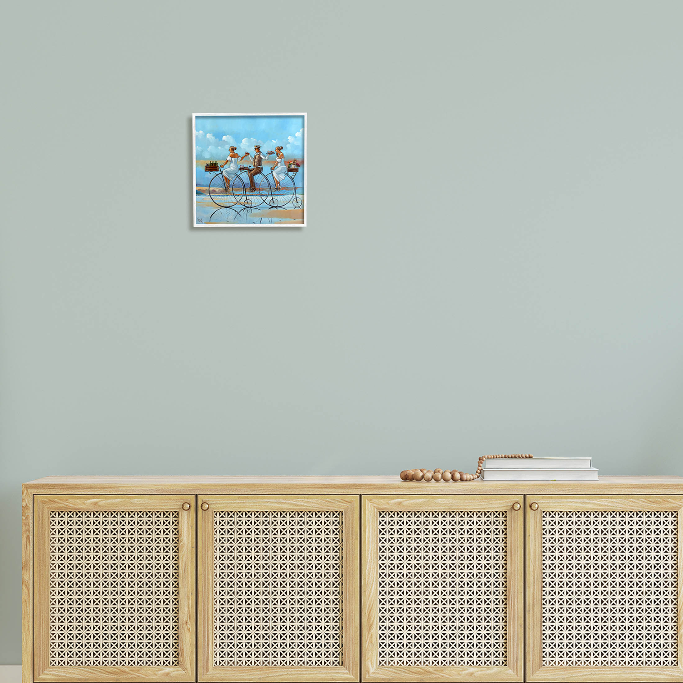 Summer Shore Bicycle Ride Coastal Painting White Framed Art Print Wall Art
