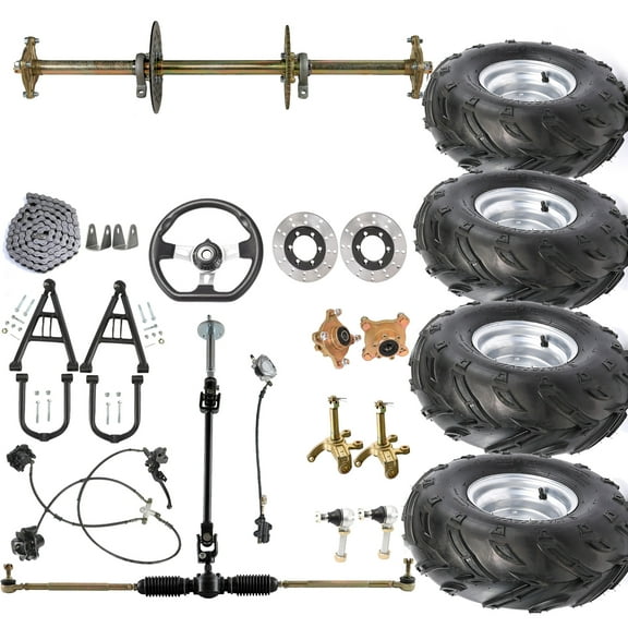 Complete DIY Go Kart & Drift Trike 32" Rear Axle Kit with 16x8-7" Wheel Tires Front & Rear Brake Set up Steering Rack Accessories, Shock Swingarm, Hub, Spindles for ATV, Quad, & Golf Carts Buggy