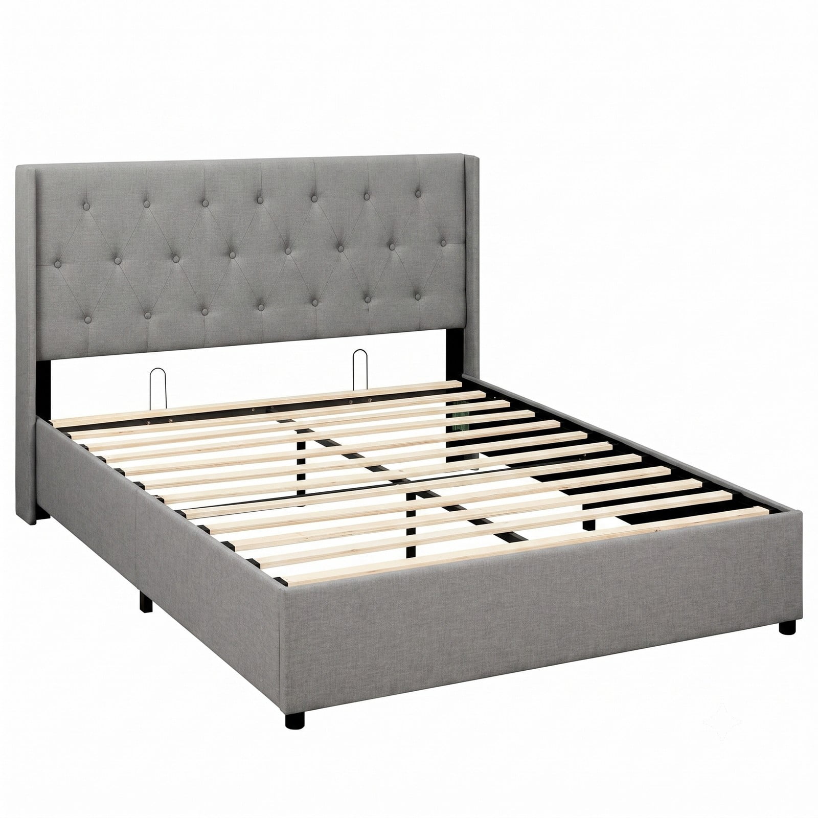 Furnibear Queen Size Bed Frame with Storage, Lift Up Upholstered Platform Bed Frame with Tufted Wingback Linen Headboard, Gray