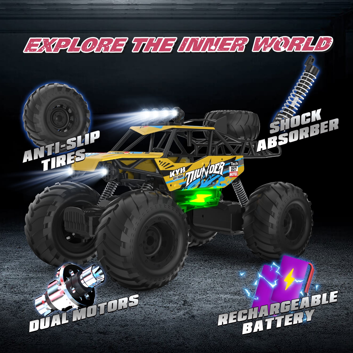JoyStone 1:10 RC Cars for Kids , 2.4Ghz RC Monster Truck with Light, 2 Batteries, 60+ Mins, Off Road Vehicle for Adults, Yellow
