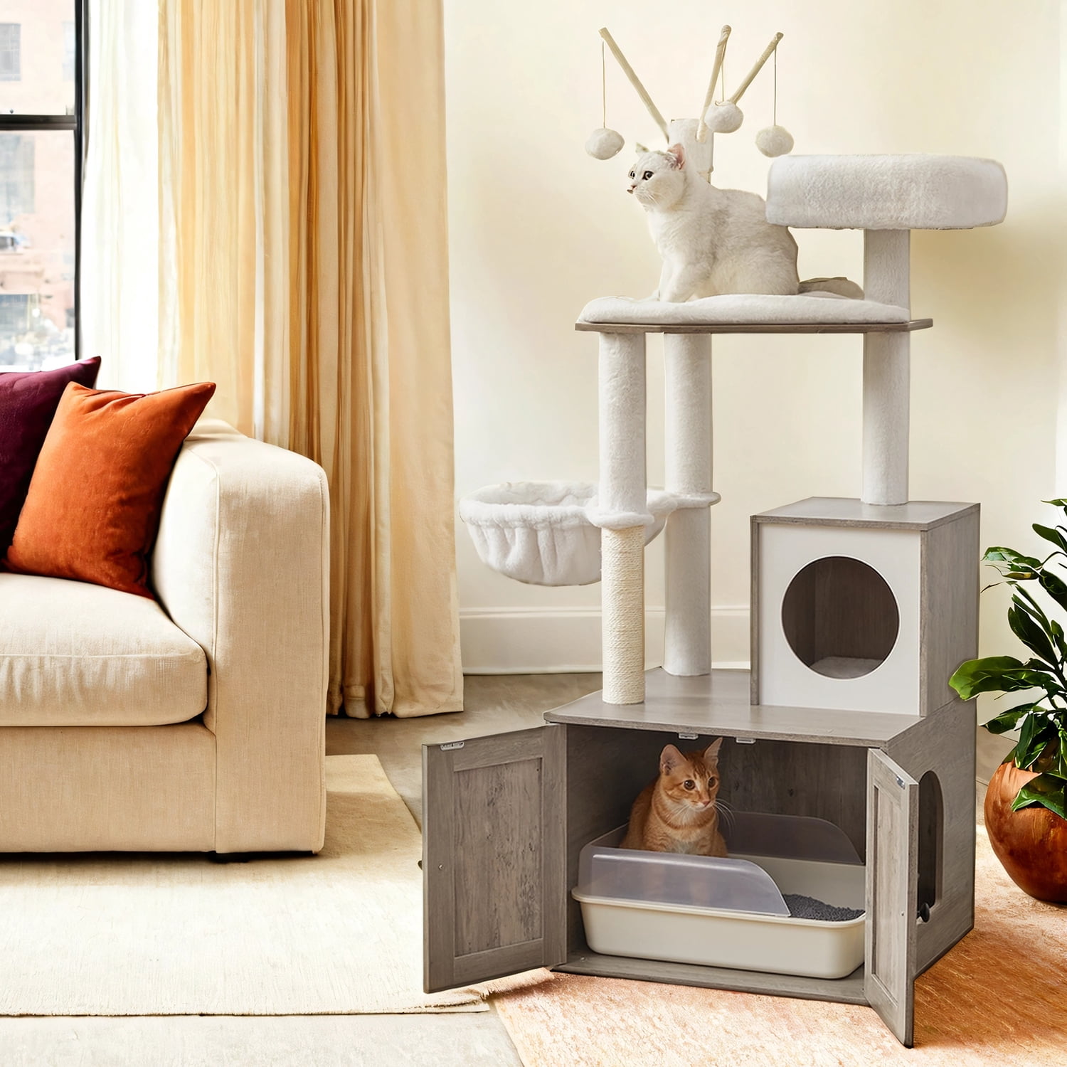 LEDREM 59-Inch 2-in-1 Cat Tree, Litter Box Enclosure, Modern Cat Tower with Scratching Posts, Removable Pompoms, Space-Saving Design, Greige