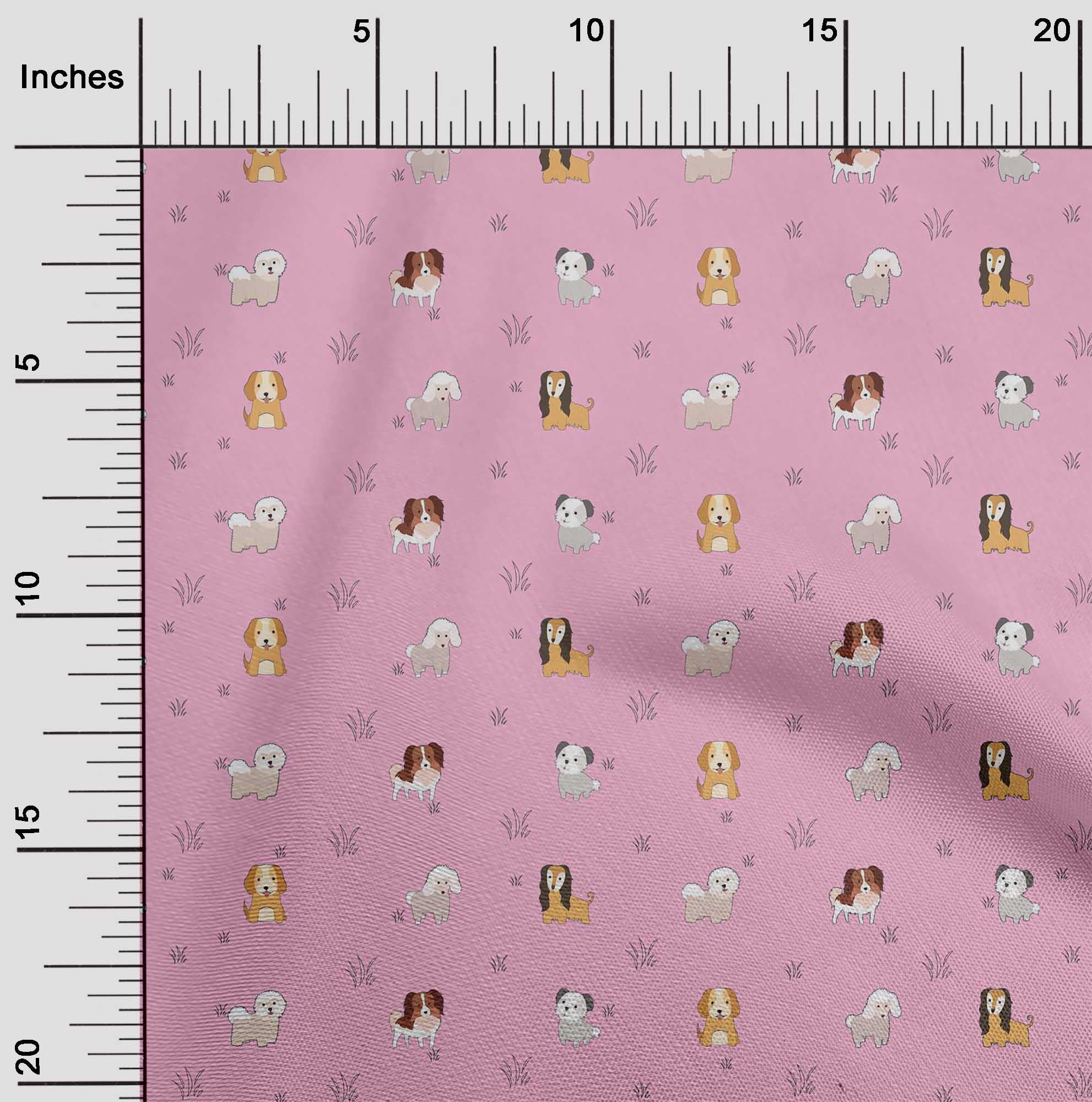 oneOone Silk Tabby Fabric Grass & Puppies Dog Print Fabric by Yard 42