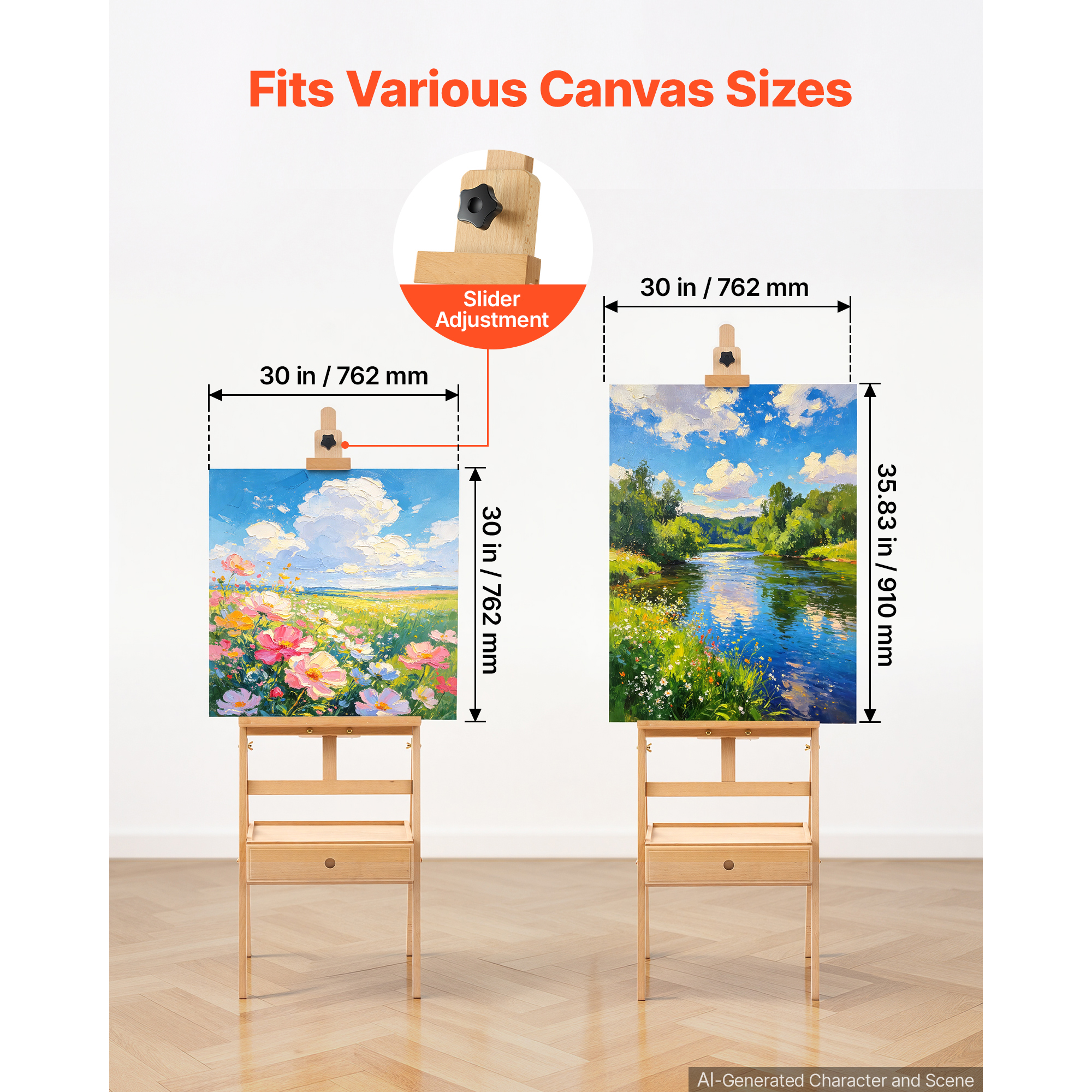 KFFKFF Studio H-Frame Easel with Adjustable Height, Holds Canvas Up to 35.83 Inches, Solid Beech Wood Construction, Versatile Art Easel with Storage Drawer, Natural Finish