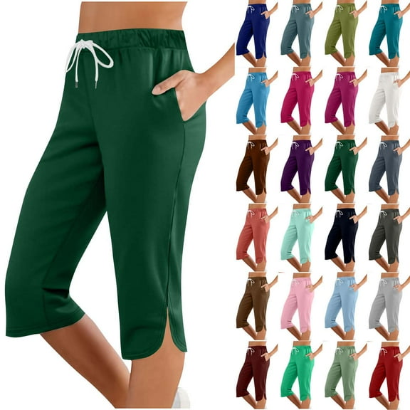 FAIWAD Capri Pants for Women Summer Drawstring Elastic Waist Workout Split Hem Stretch Gym Yoga Leggings with Pocket