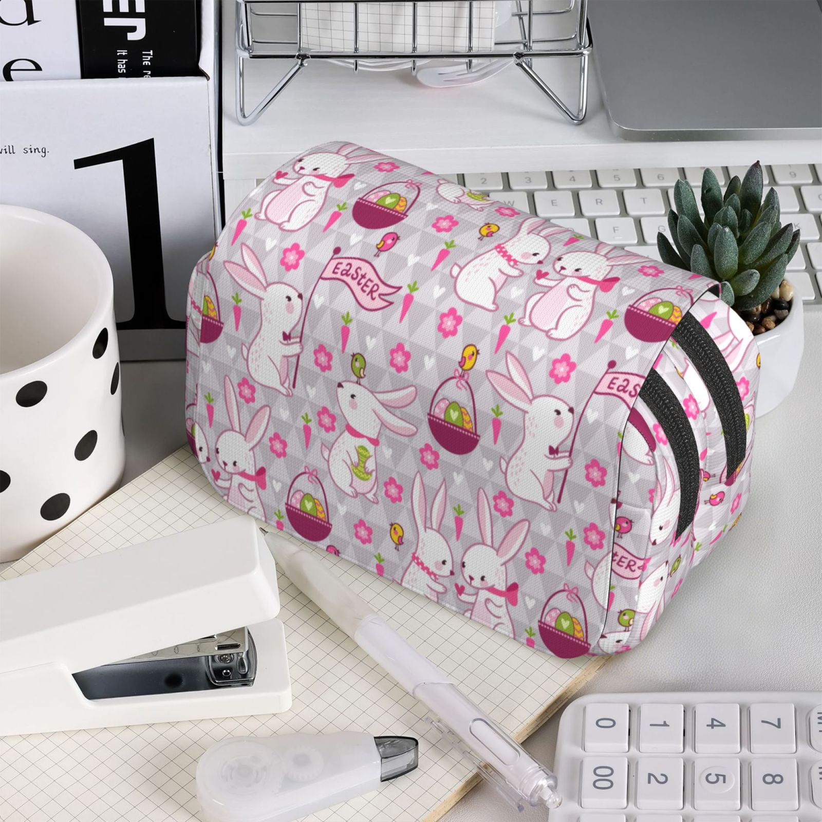 Rateoe Easter Rabbit Pattern Double Clamshell Pen Case, Storage Organizer with Two Zipper Compartments– Holds Up to 50 Pencils & Pens