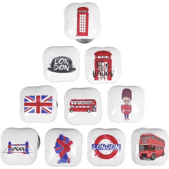 IBA Indianbeautifulart White London Symbol Square Ceramic Door Knobs For Cabinets Painted Knobs For Dresser Drawers