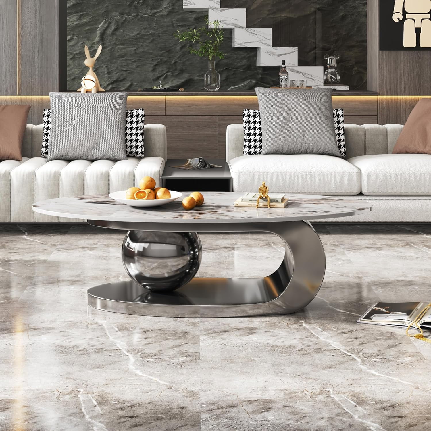 49.2" Modern Oval Marble Coffee Table – Gray Stainless Steel Base, Scratch-Resistant, Easy Assembly