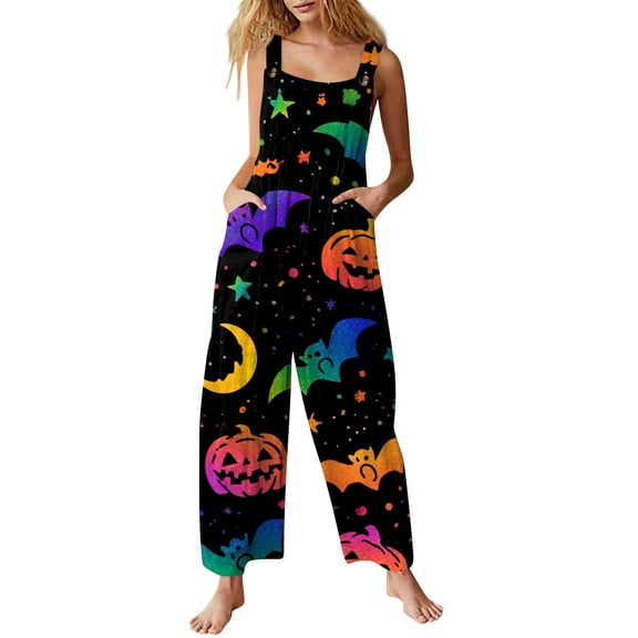 EANJE Halloween Overalls for Women, Sleeveless Spaghetti Strap Jumpsuit with Pockets, Print Wide Leg Baggy Romper, Adjustable Straps Fall Holiday Party Outfit Multicolor L