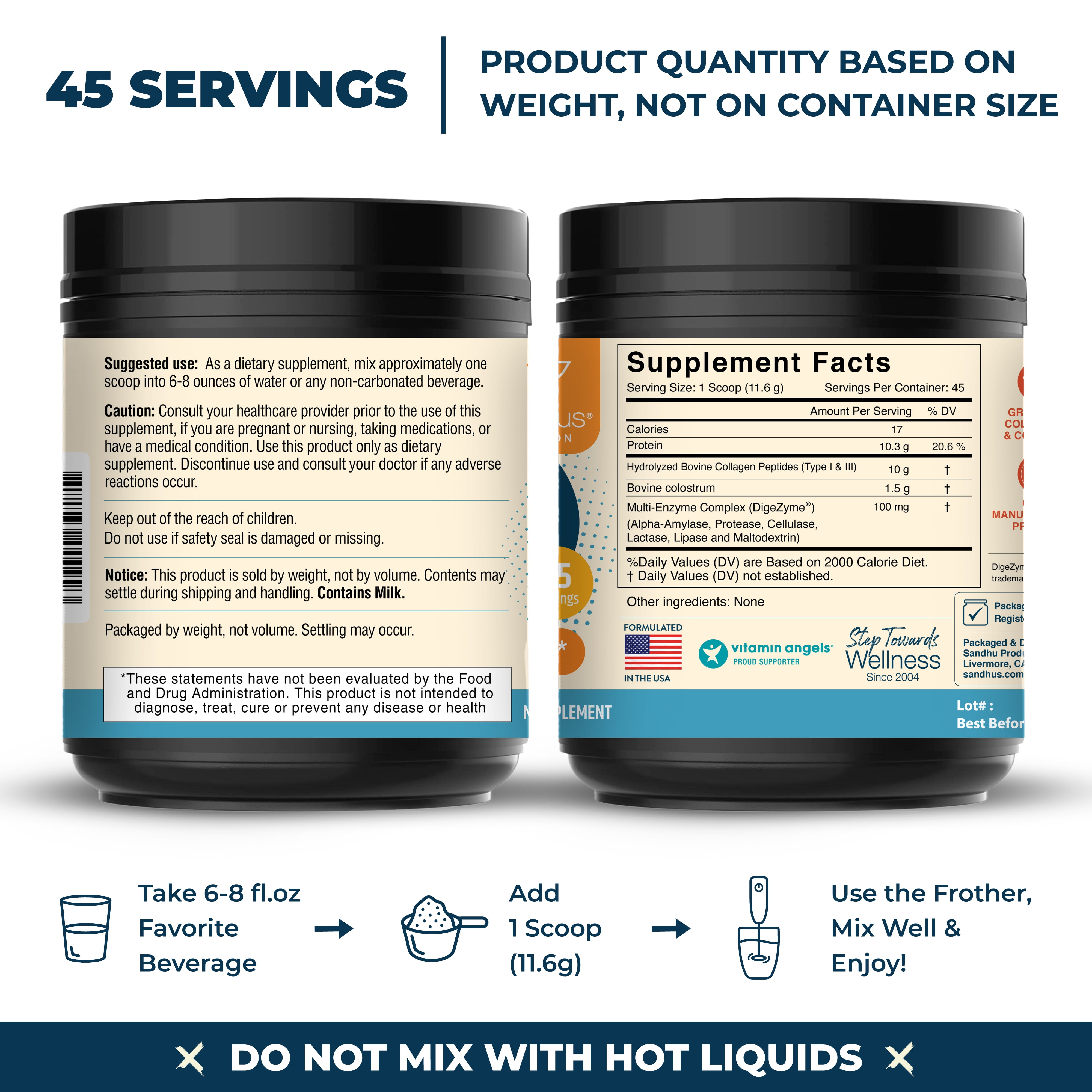 Sandhu's Colostrum with Collagen, 45 Servings, 522gms | Supports Immune, Skin, Nail and Hair Health | Made in USA