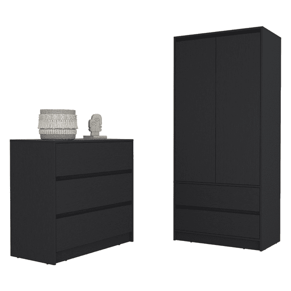 JERFIT Lewes 2-Piece Bedroom Set with Armoire and Dresser, Black Engineered Wood Storage for Bedroom
