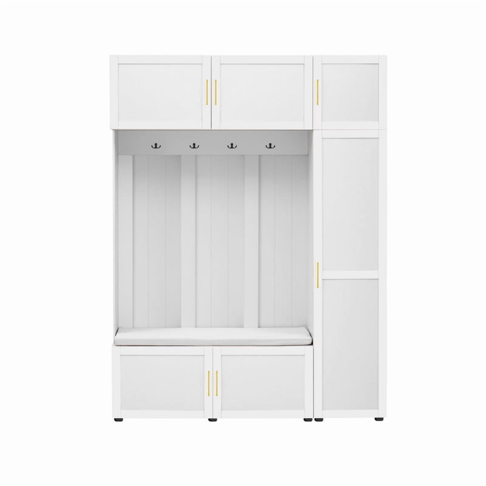 4-in-1 Hall Tree with Padded Bench and Storage Cabinets, Entryway Coat Rack with 4 Hooks and Multi-Tier Storage Shelves, Mudroom Bench Shoe Organizer for Living Room Hallway