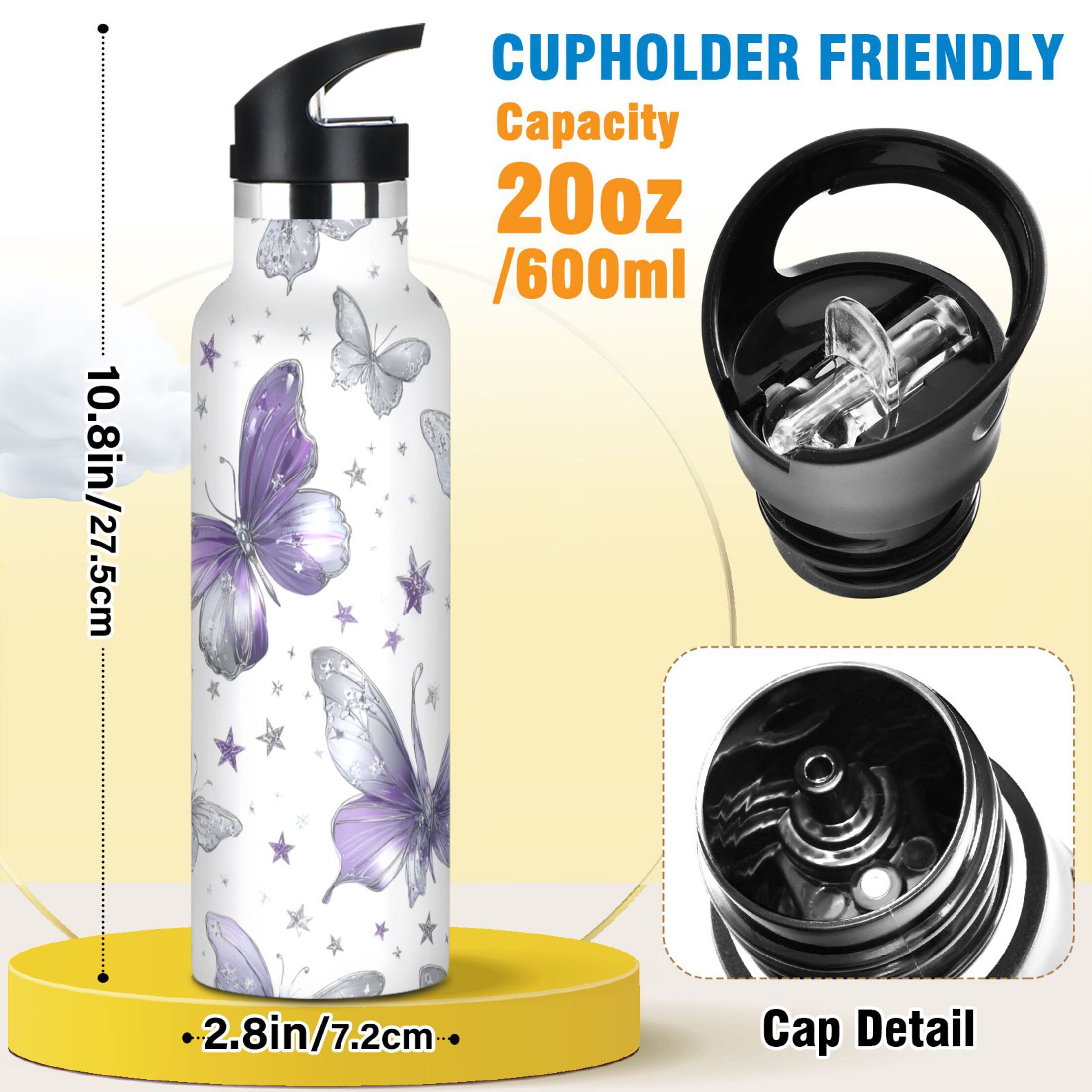 600ML Stainless Steel Insulated Cup Sports Water Bottle Portable Thermos Cup Water Glasses Insulated Tumblers Convenient and Durable Light Purple Butterfly