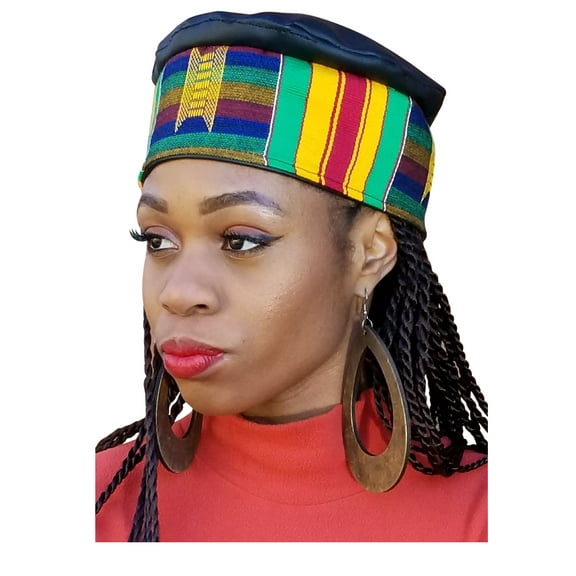 African Hand Woven Kente Kufi Hat with Faux Leather