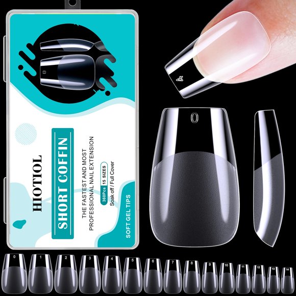 HIOTIOL Puntas de uñas cortas de ataúd, 360 piezas de gel suave, puntas de uñas de completa para extensiones de uñas empapadas, puntas de uñas postizas de gel medio mate transparente para salones de