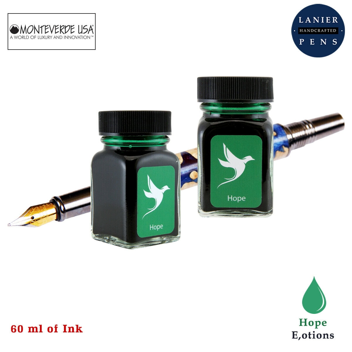 Monteverde 60ml Emotions Fountain Pen Ink Bottle (30ml Hope Green G309HG Ink Bottle - Pack of 2)