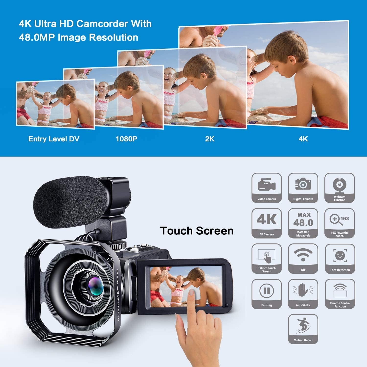 OIEXI 4K Camcorder Vlogging Camera for Youtube Ultra HD 4K 48MP Video Camera with Microphone & Remote Control Wifi Digital Camera 3.0" IPS Touch Flip Screen IR Night Vision 2 Batteries