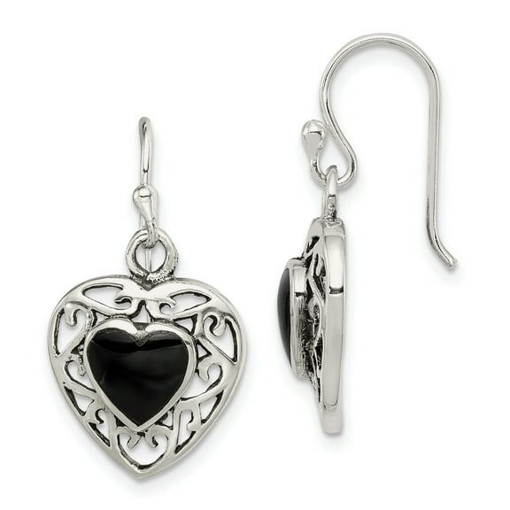 Primal Silver Sterling Silver Onyx Heart Shepherd Hook Antiqued Earrings