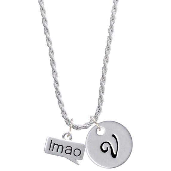 Delight Jewelry Silvertone Text Chat - lmao - Laughing My A** Off - Silvertone Script Initial Disc - V - Charm Necklace, 20"+3"
