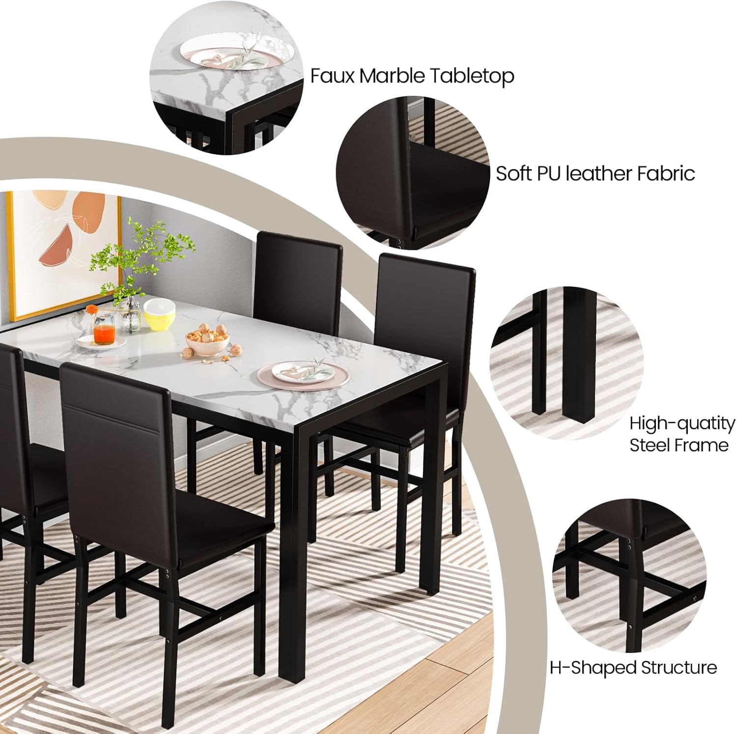 AWQM Marble Kitchen Dining Table Set, Dining Table Set for 4 with 4 PU Leather Upholstered Chairs, Metal Frame, Small Space Dining Table Set for Apartment, Kitchen, Dining Room, White/Brown
