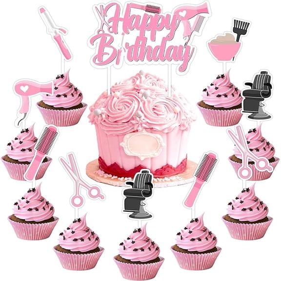 Hairstylist Happy Birthday Cake Topper, Hairdresser Birthday Decoration Barber Decoration Cake Cupcake Topper Double-sided Printing Pink for Adults Haircut Salon Birthday Decoration