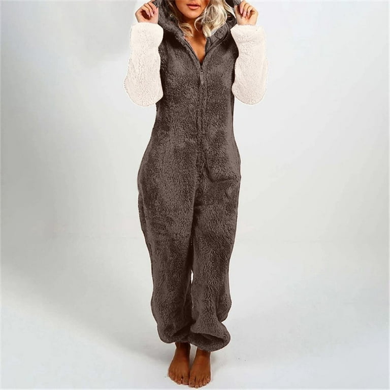 AherBiu Plus Size Jumpsuits for Women Winter Pajamas Fleece Fluffy Half Zip  up Hooded One-Piece Sleepwear 