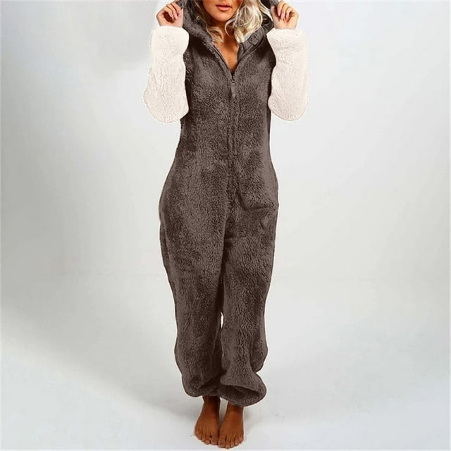 Combinaison pour Femmes Combinaison à Manches Longues à Capuche Pyjama Décontracté d'Hiver Chaud Combinaison de Nuit Combinaison pour Femmes en Liquidation