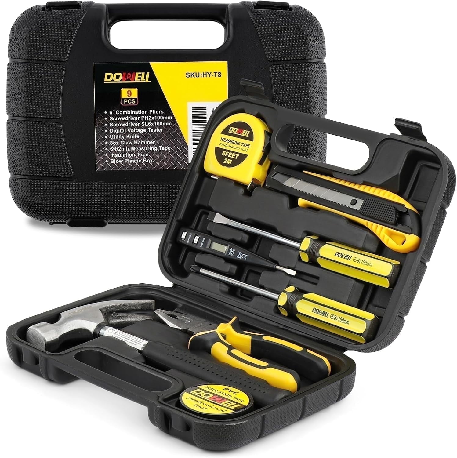 DOWELL Small Homeowner Tool Kit 9 Pieces General Household Small Hand Repair Set with Plastic Toolbox Storage Case