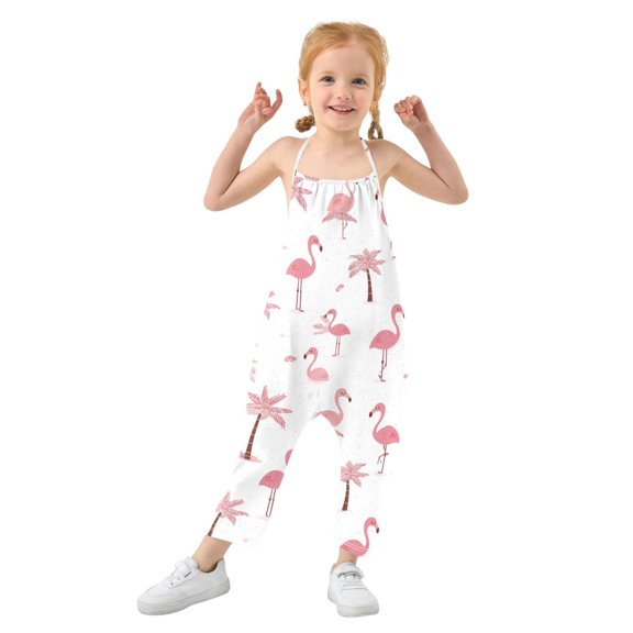 Girls' Jumpsuits Rompers Summer Casual Sleeveless Rompers With Pockets Spaghetti Strap Romper Cute Pink Flamingos and Palm Trees 1T