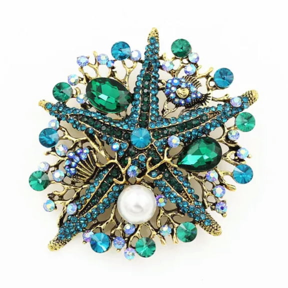 QQTDFG Womens Crystal Rhinestone Large Starfish Coral Fish Retro Brooch Pin Party Gift-Blue & Green