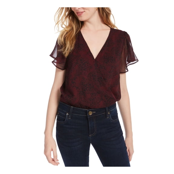 ASH & VIOLET Womens Burgundy Snap Closure Printed V Neck Body Suit Top XL