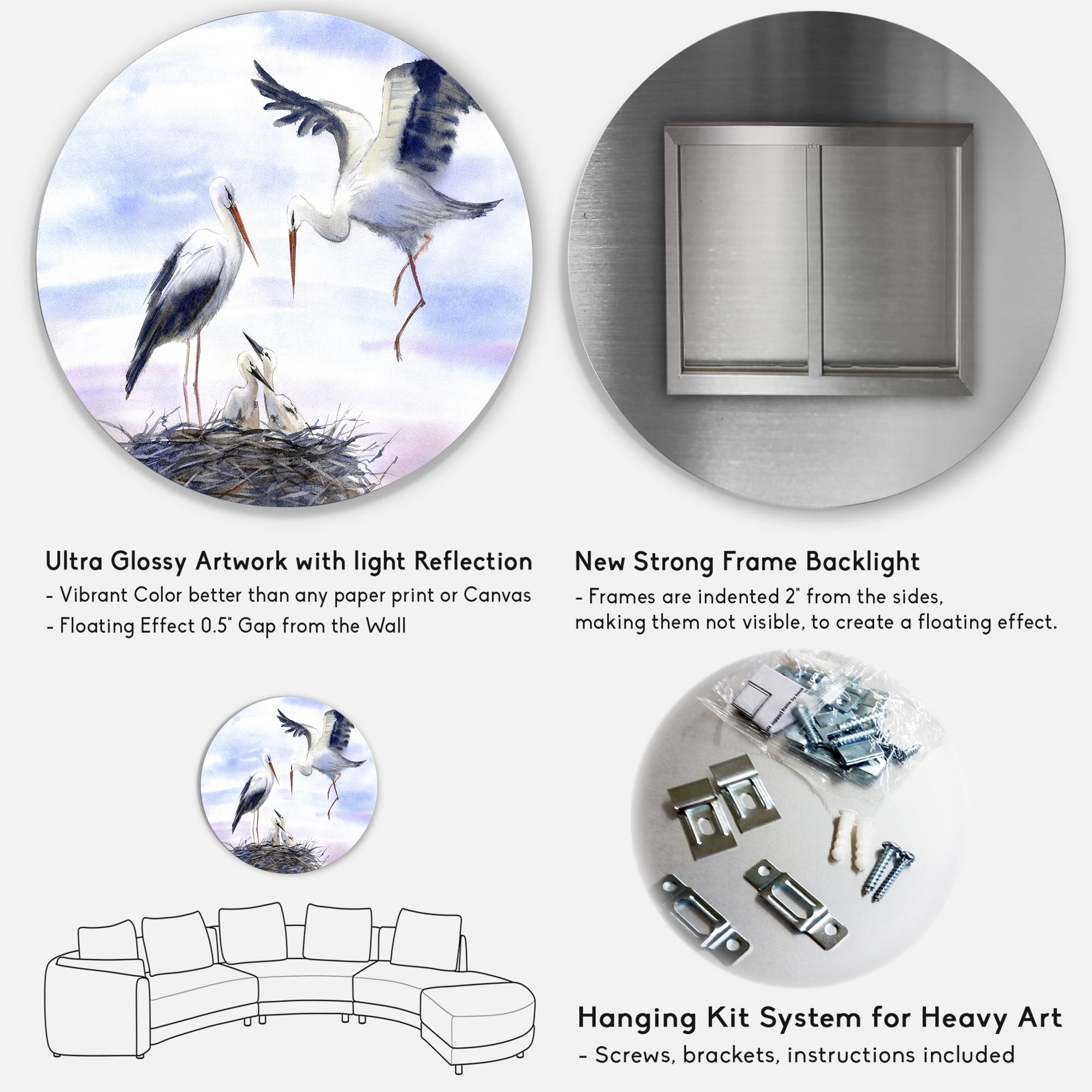 Designart 'Storks With Babies In The Nest' Farmhouse Circle Metal Wall Art 11x11 - Disc of 11