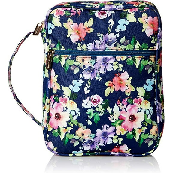 Mary Square 22335 Navy Blue Charleston Floral 10.5 x 8 Canvas Gold Zippered Bible Cover with Handle