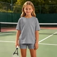 thumbnail image 3 of FRSASU Girl's 2 Piece Short Set Kids Summer Outfit for Girl Short Sleeve T-shirt Elastic Waist Tight Shorts Pants Set Gray, 3 of 8