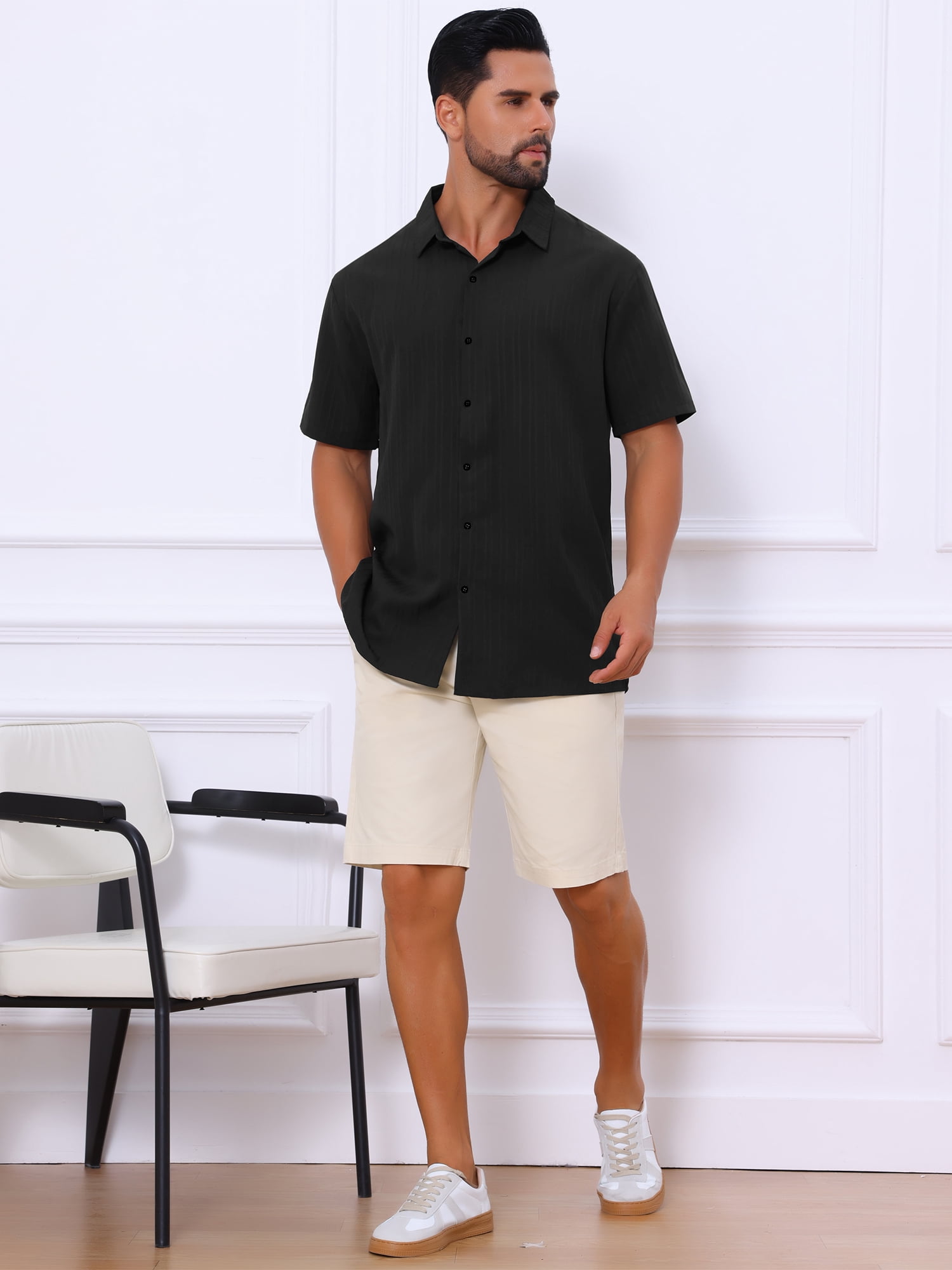 DARING DIVA Men's Short Sleeve Button Down Beach Summer Casual Shirt for Men L Black