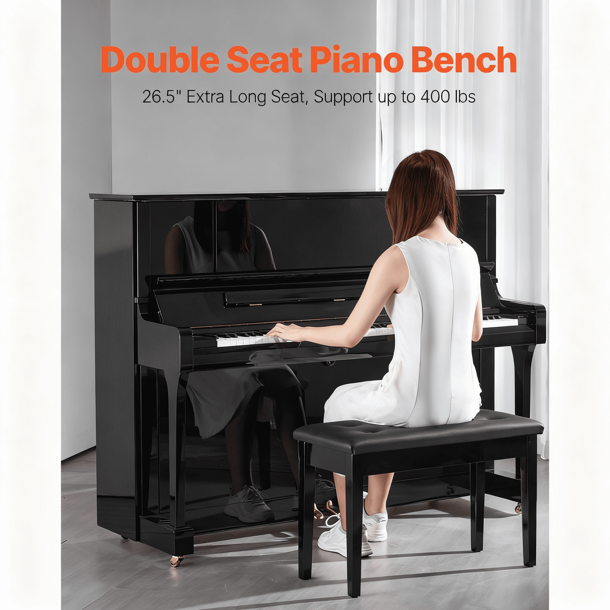 Piano Bench, Duet Keyboard Piano Chair with High-Density Padded Cushion, Storage Compartment for Music Books, Wooden Piano Bookcase Stool Seat, for Vanity and Living Room, 29.5" x 14" x 19"