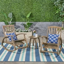 GDF Studio Kelsey Outdoor Acacia Wood 3 Piece Recliner Rocking Chair Chat Set, Gray