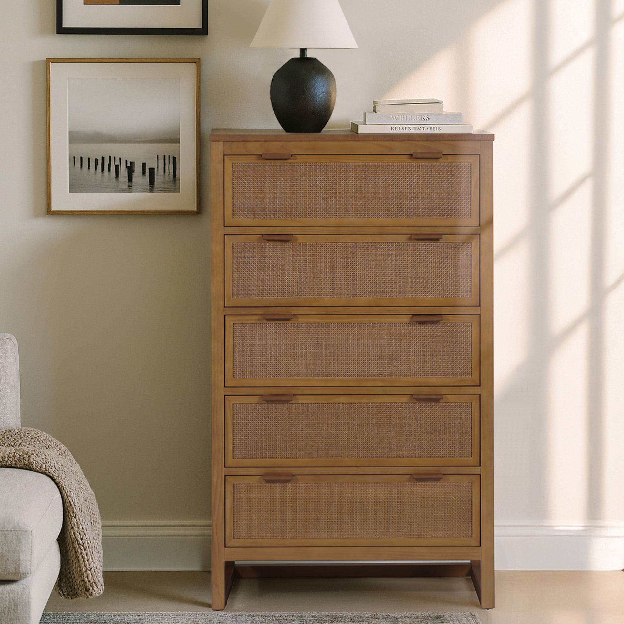 Hatteras Dresser with 5 Rattan Inlay Drawers, Natural – Teamson Home: Wide & Deep Storage with Coastal Modern Style